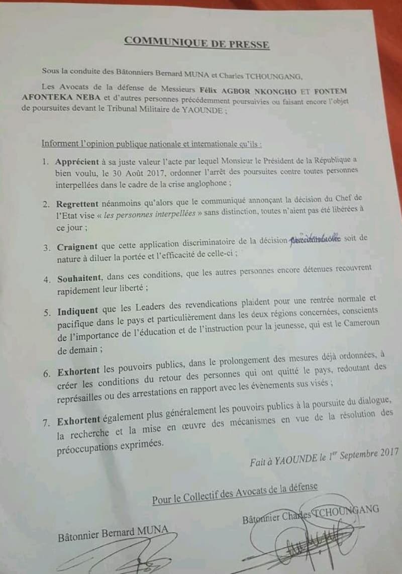 Cameroun - Crise anglophone: Deux ex-bâtonniers, dénoncent la discrimination dans la liste des détenus élargis